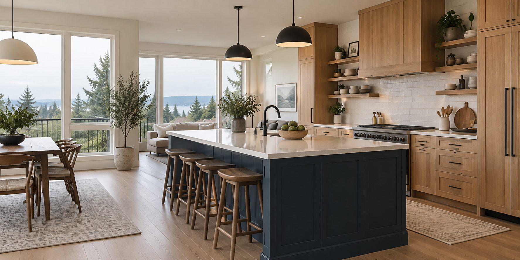 Remodeled kitchen with wood cabinets and a navy island